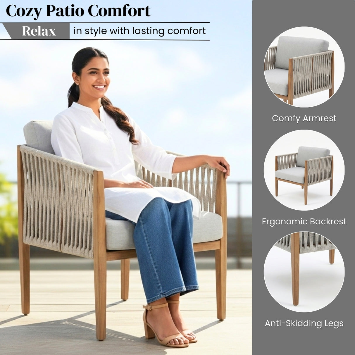 Outdoor Rope Sofa Set with Teak Wood Frames (Grey)
