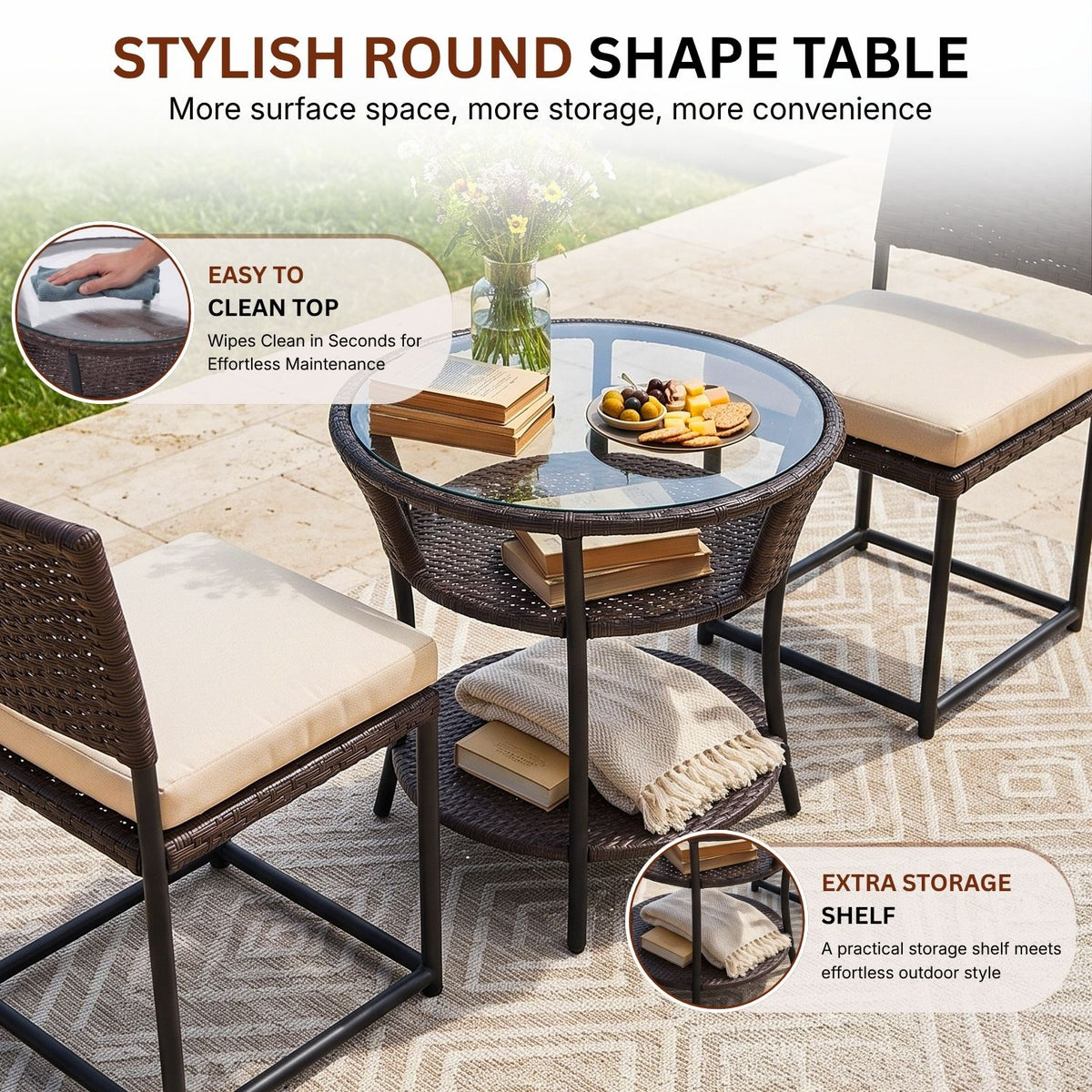 5-Piece Outdoor Wicker Patio Furniture Set (Dark Brown & Cream)