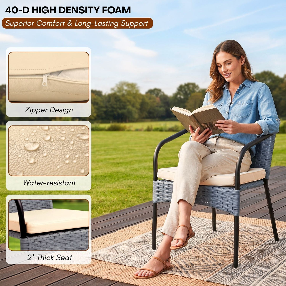 3 Piece Outdoor Wicker Patio Furniture Set (Silver & Cream)