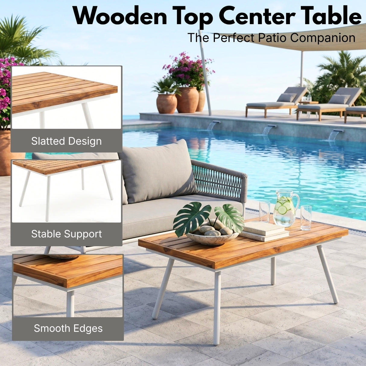 Outdoor Rope Sofa Set with Wooden Top Center Table (Grey)