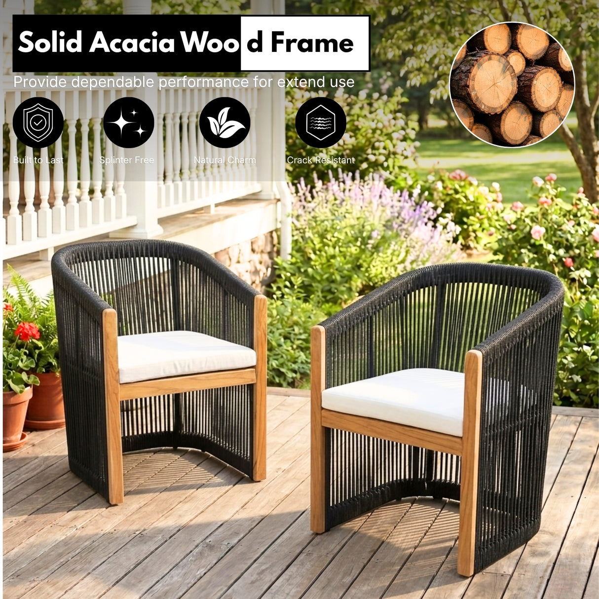 Modern Outdoor Rope Accent Chairs Set of 2 with Solid Wooden Frame