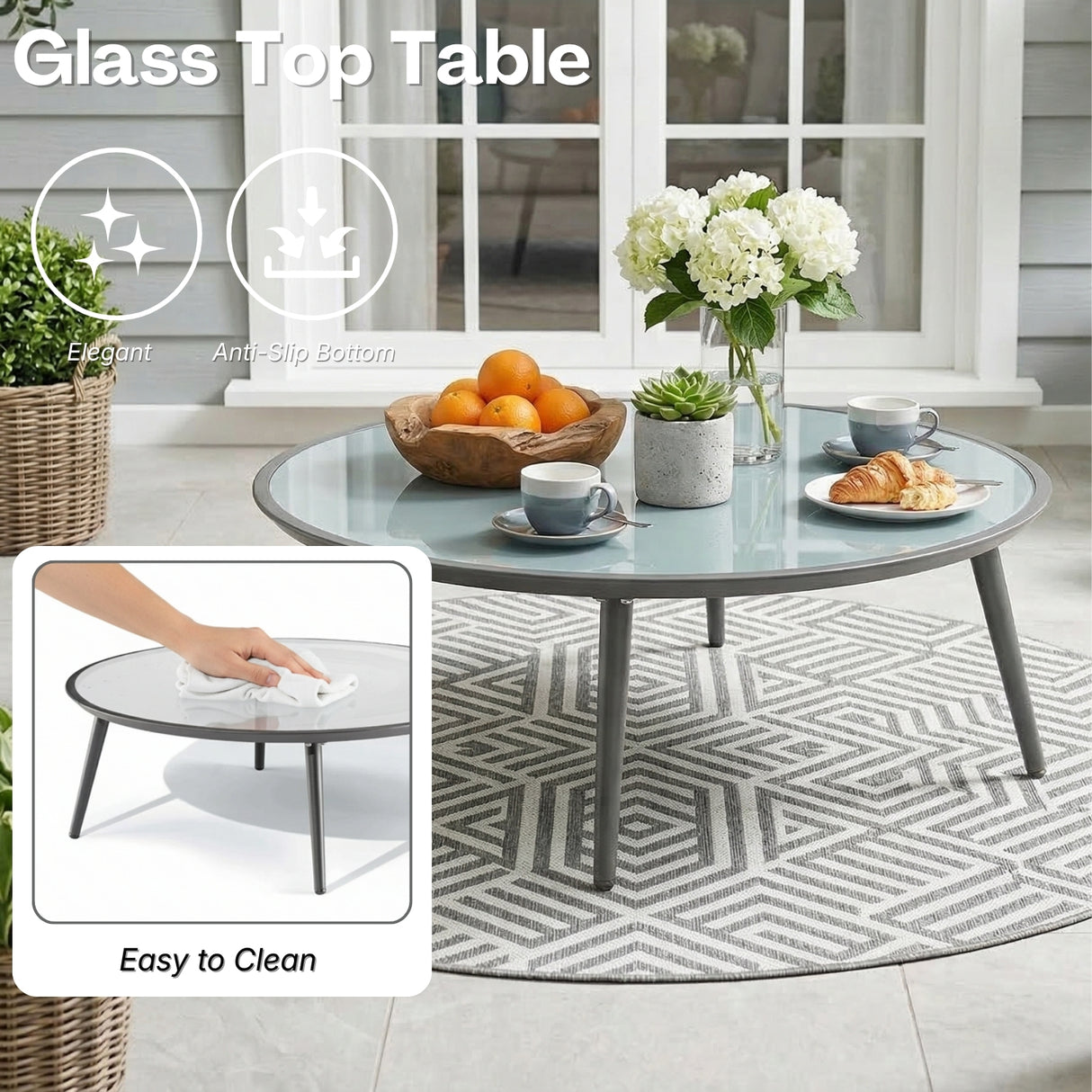 4-Piece Outdoor Rope Patio Furniture Set with Glass Top Table (Grey & Sky-Blue)