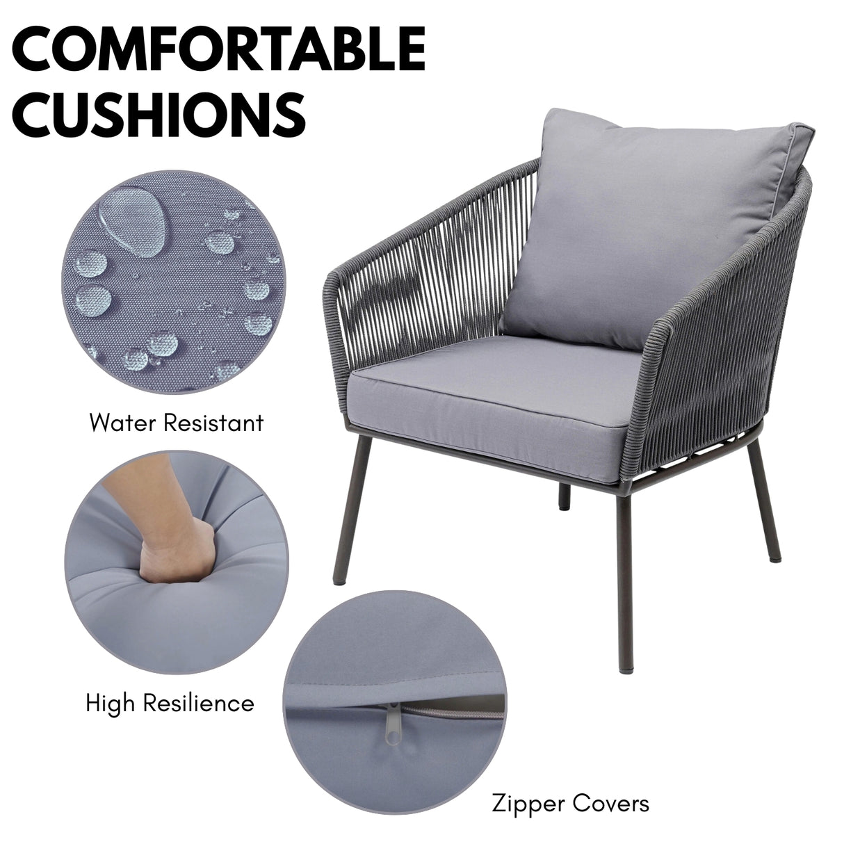 Outdoor Rope 5-Seater Patio Sofa Set with Glass Top Table (Grey)