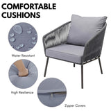 Outdoor Rope 5-Seater Patio Sofa Set with Glass Top Table (Grey)