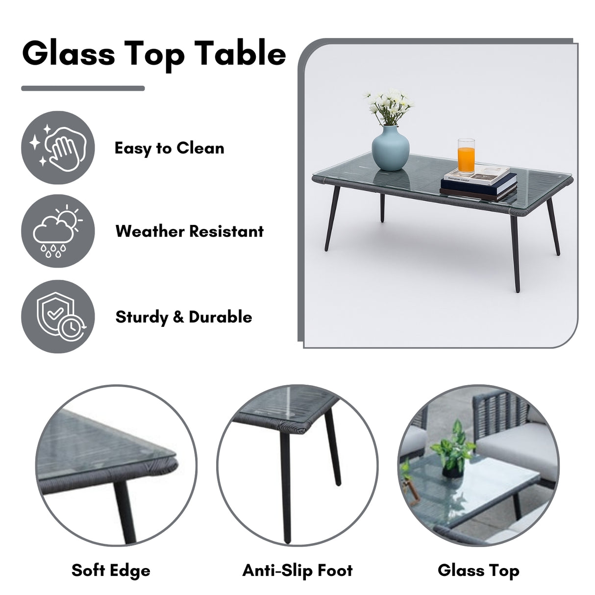 Outdoor Grey Rope 7-Seater Sofa Set With Glass Top Table