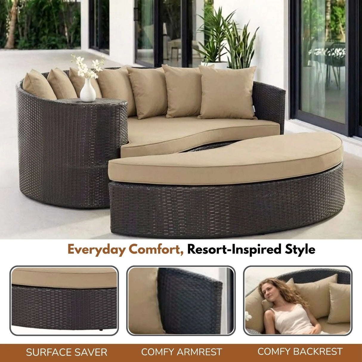 Outdoor Rattan Wicker Daybed (Dark Brown & Beige)