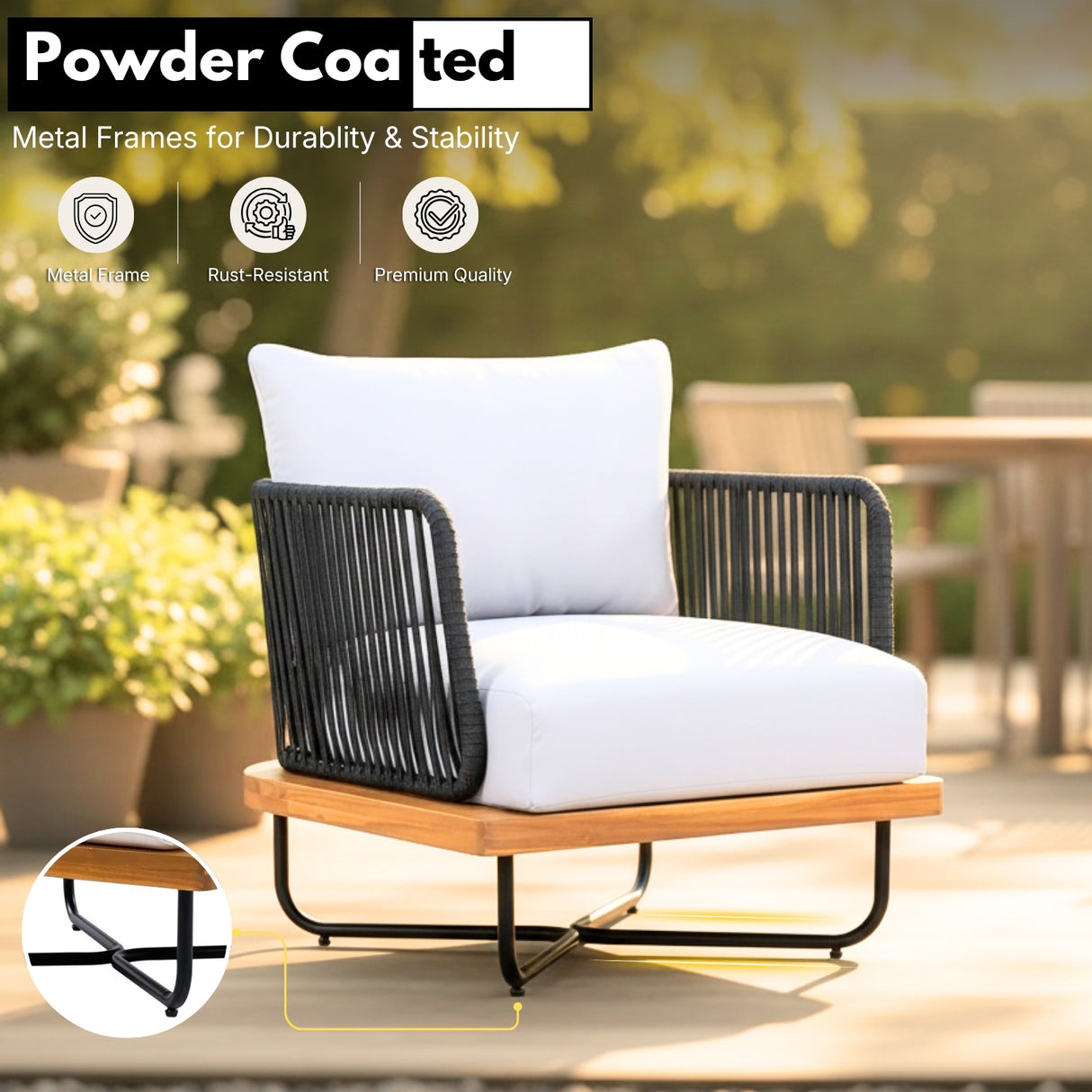 Outdoor Rope Sofa Set with Wooden Base & Teak Finish Coffee Table (Black & Off-White)