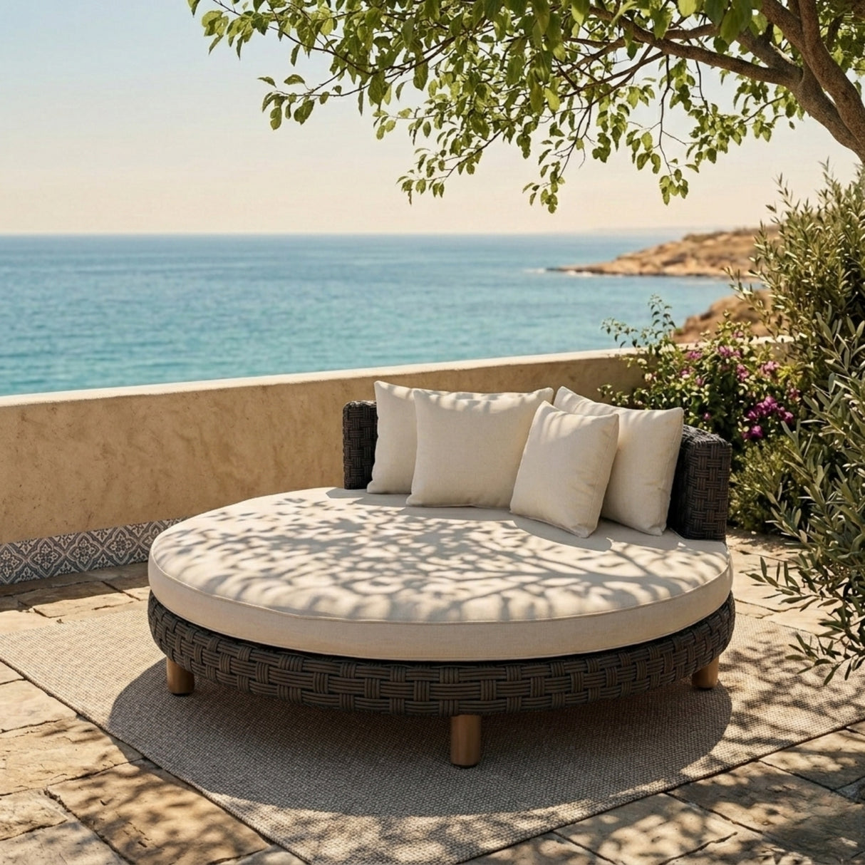 Outdoor All-Weather Rattan Wicker Round Daybed (Dark Brown & Cream)