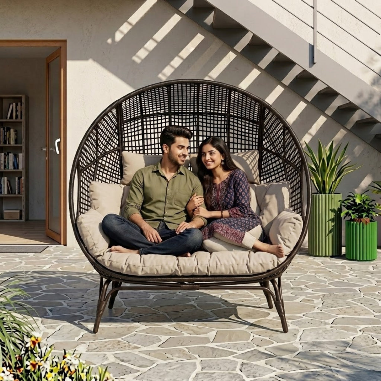 Outdoor Rattan Wicker Double Seater Egg Chair (Dark Brown & Cream)