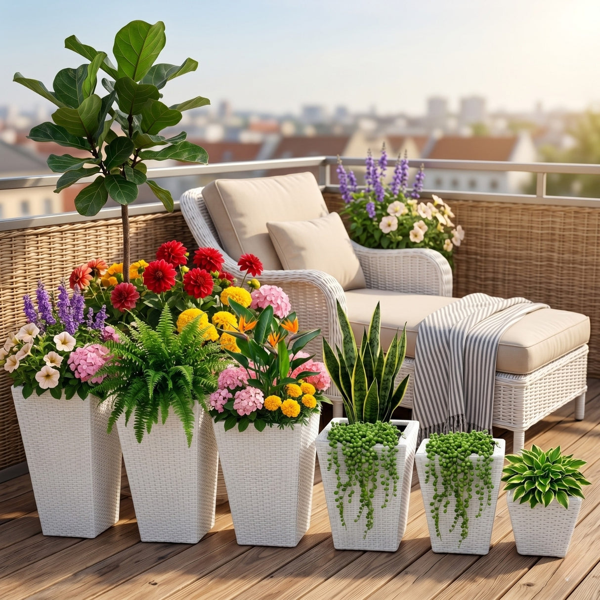 Tall Tapered Set of 6  Outdoor Wicker Planter (White)