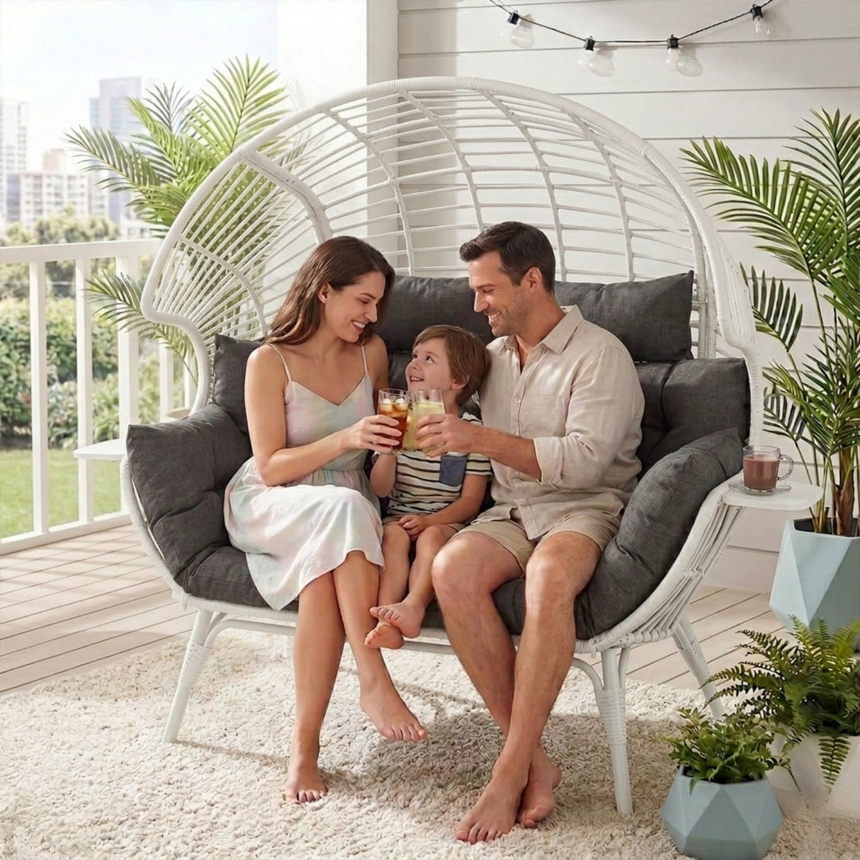 Outdoor Wicker Double Seater Egg Chair with Dual Cup Holders (White & Dark Grey)