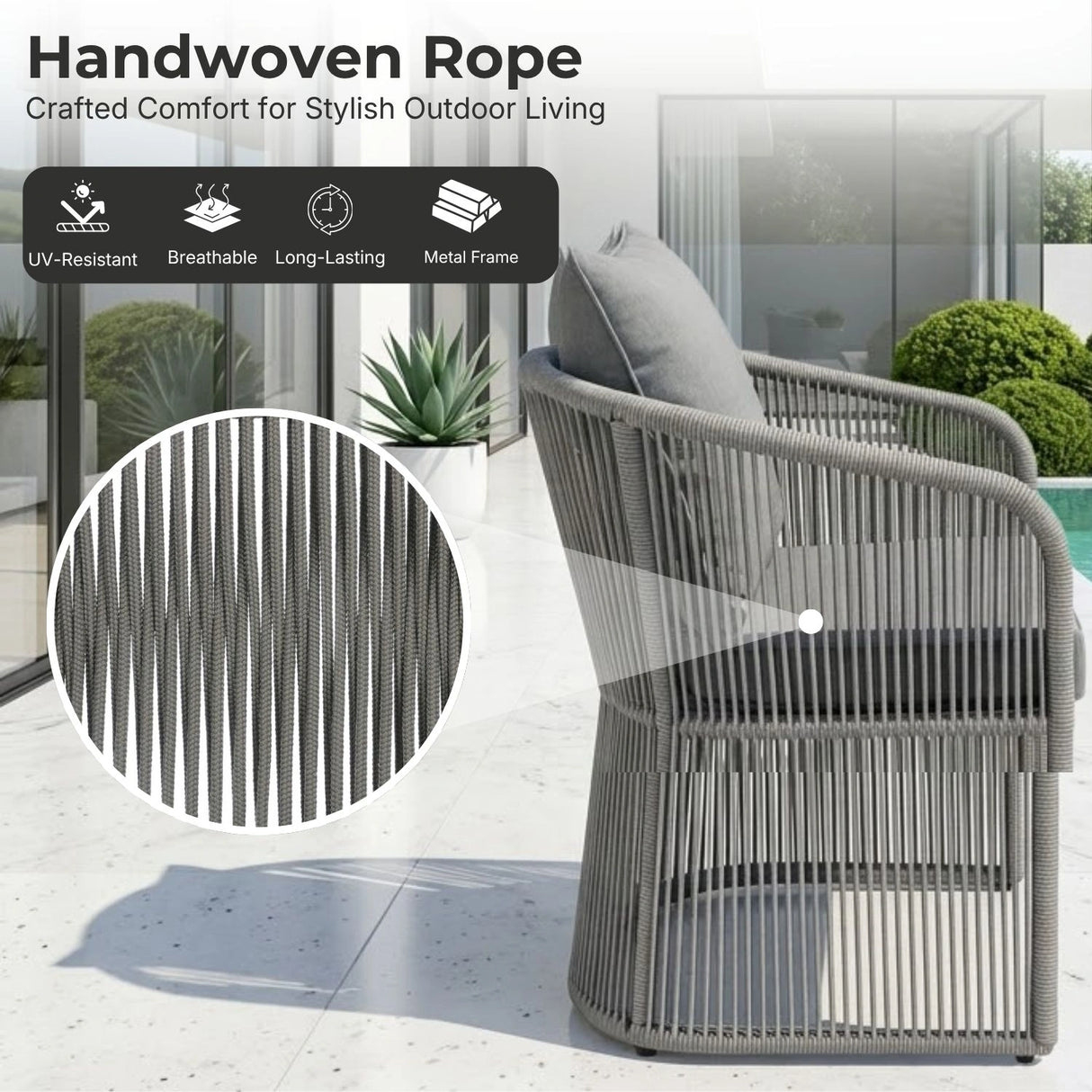 Outdoor 3 Piece Rope Patio Sofa Set (Grey)