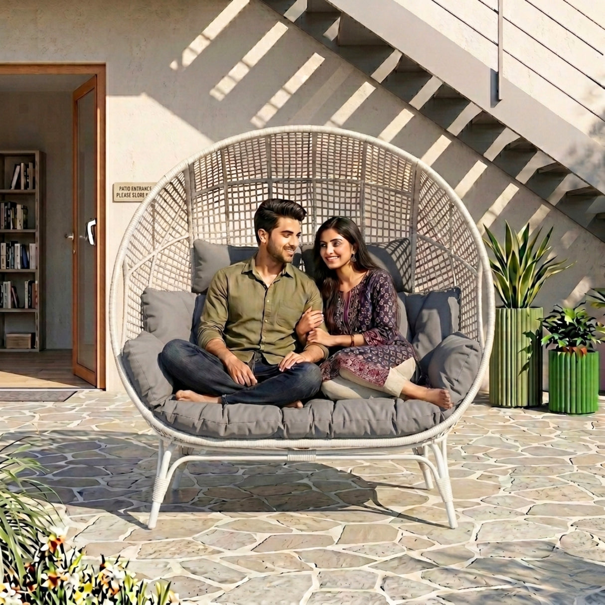 Outdoor Rattan Wicker Double Seater Egg Chair (White & Grey)