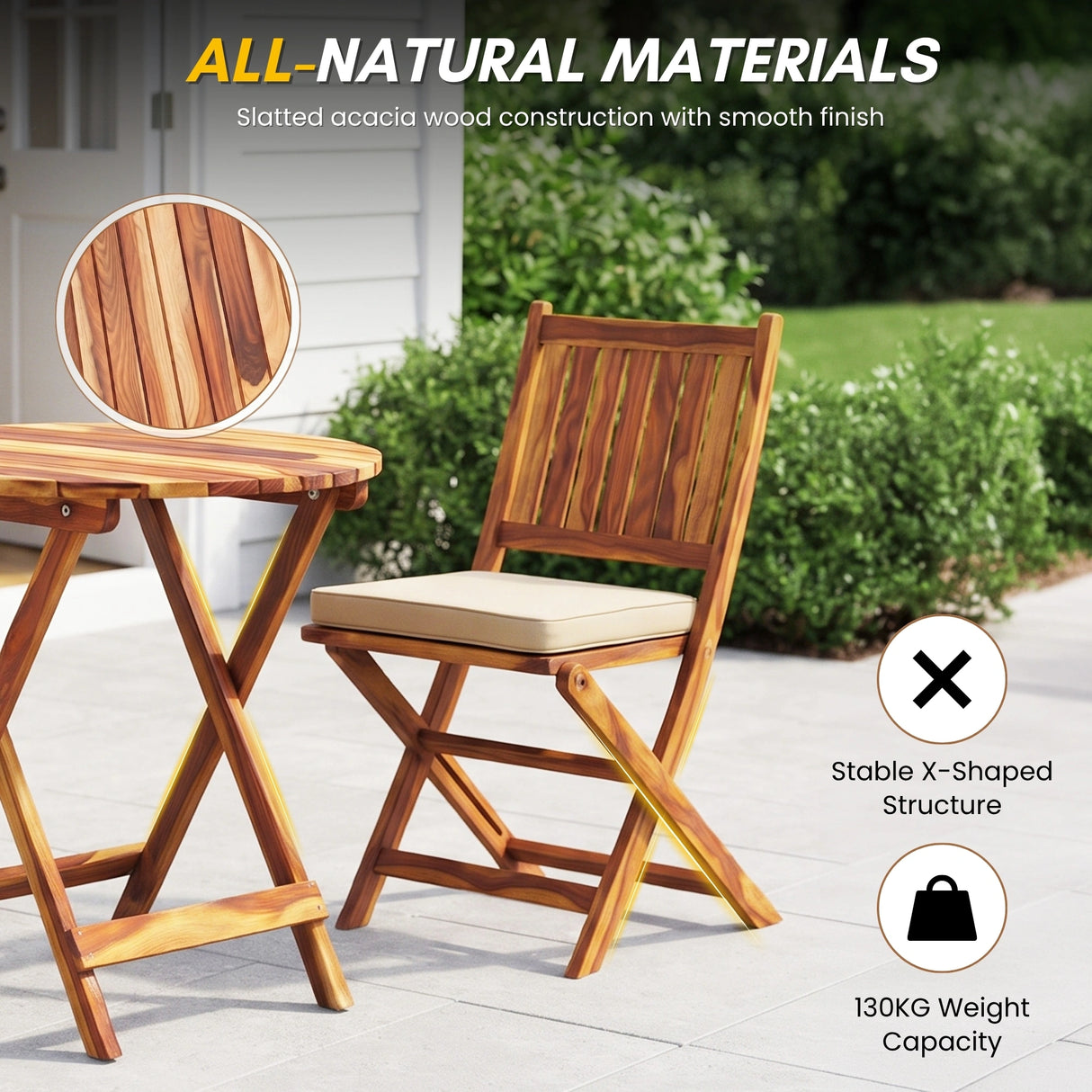 Acacia Wood Foldable Outdoor Bistro Set – 2 Chairs & Round Table