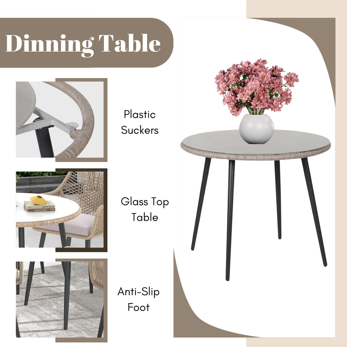 5-Piece Outdoor Patio Dining Set with Rope Chairs & Glass Top Table