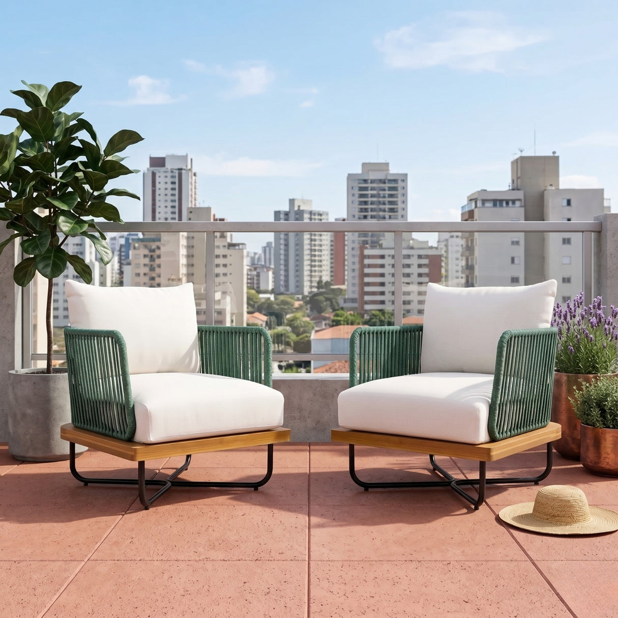 Premium All-Weather Outdoor Rope Sofa Chairs Set (Green & Off-White)