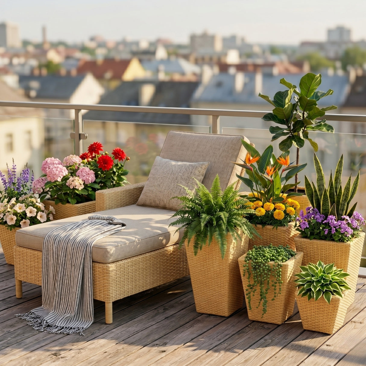 Tall Tapered Set of 6  Outdoor Wicker Planter (Beige)