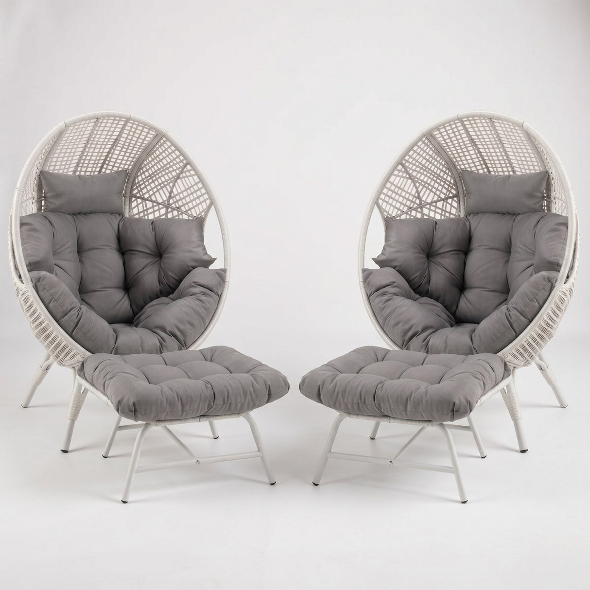4-Piece Outdoor Wicker Egg Chair Set with Ottomans (White & Grey)