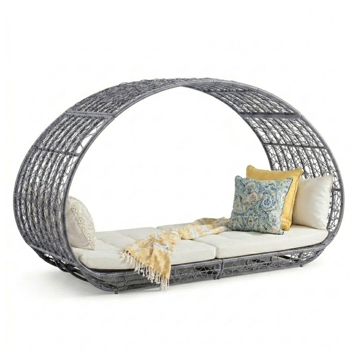 Outdoor Rattan Wicker Daybed with Oval-Shaped Canopy Frame (Silver Grey & Off-White)