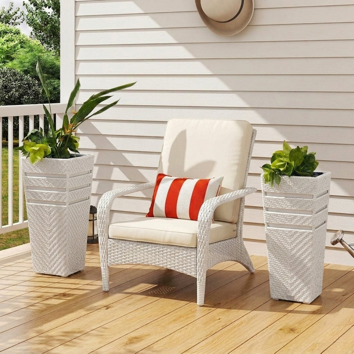Outdoor Tall Square Rattan Planter Set of 2 (White)