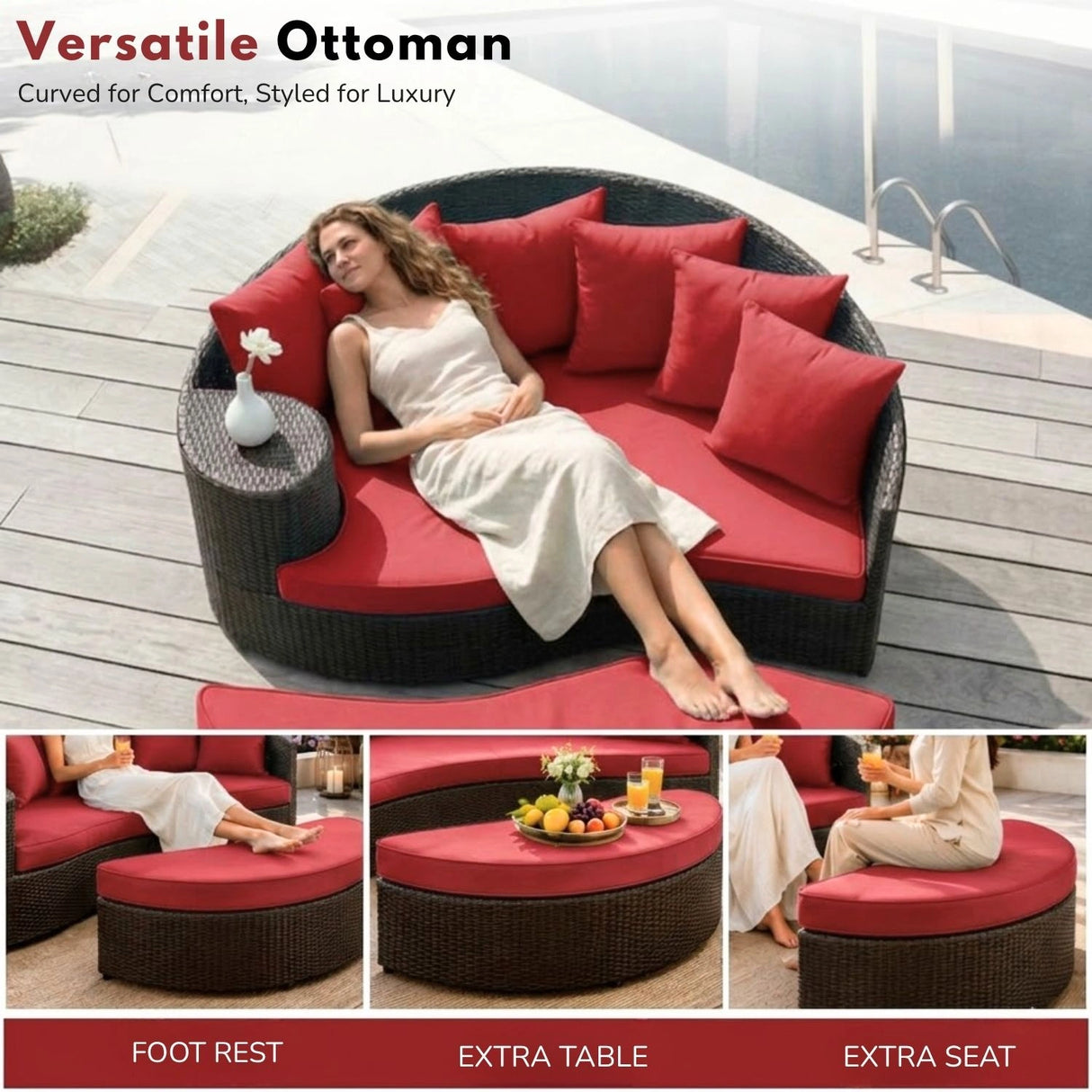 Outdoor Rattan Wicker Daybed (Dark Brown & Red)