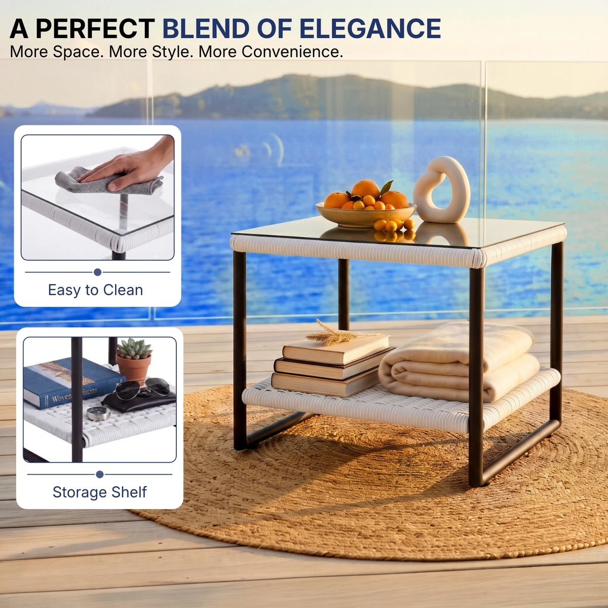Outdoor 3-Piece Wicker Patio Set(White & Navy Blue)