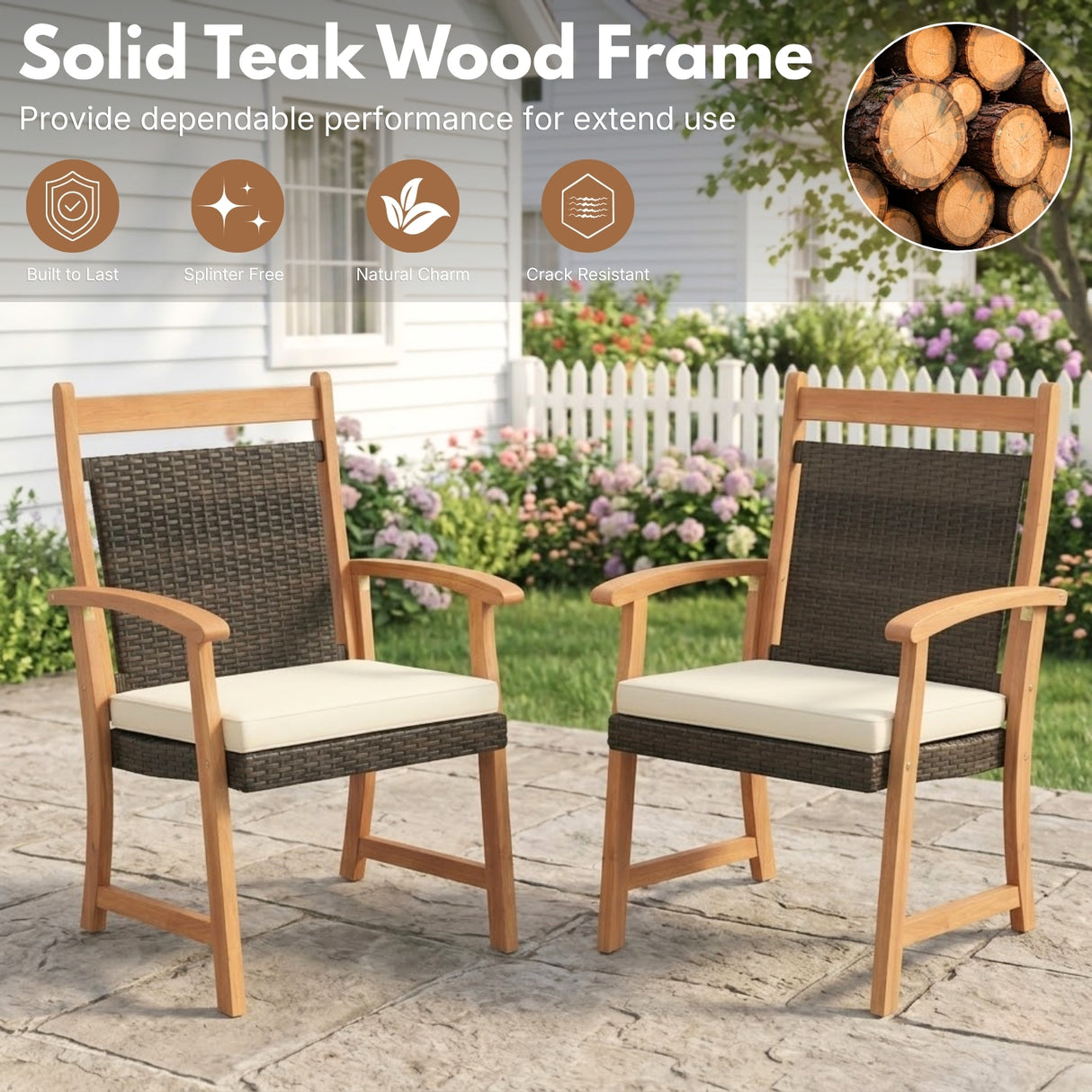 Outdoor Wicker Patio Conversation Set with Teak Wood Frame & Center Table