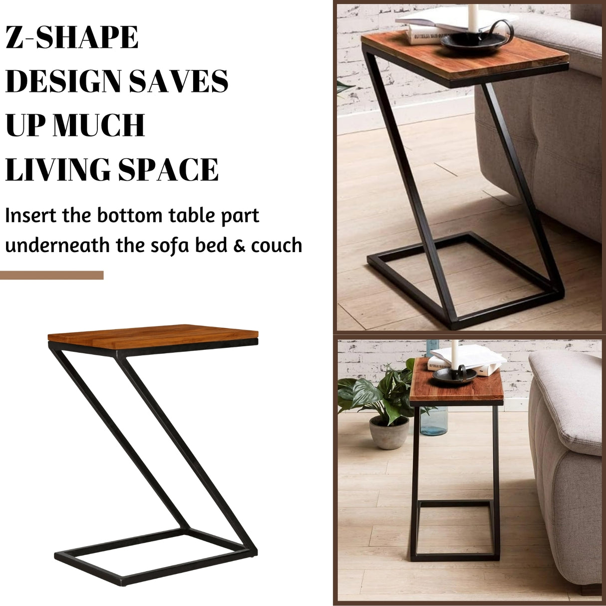 Solid Sheesham Wood Bedside Z-Shape Corner Side Small Coffee Table