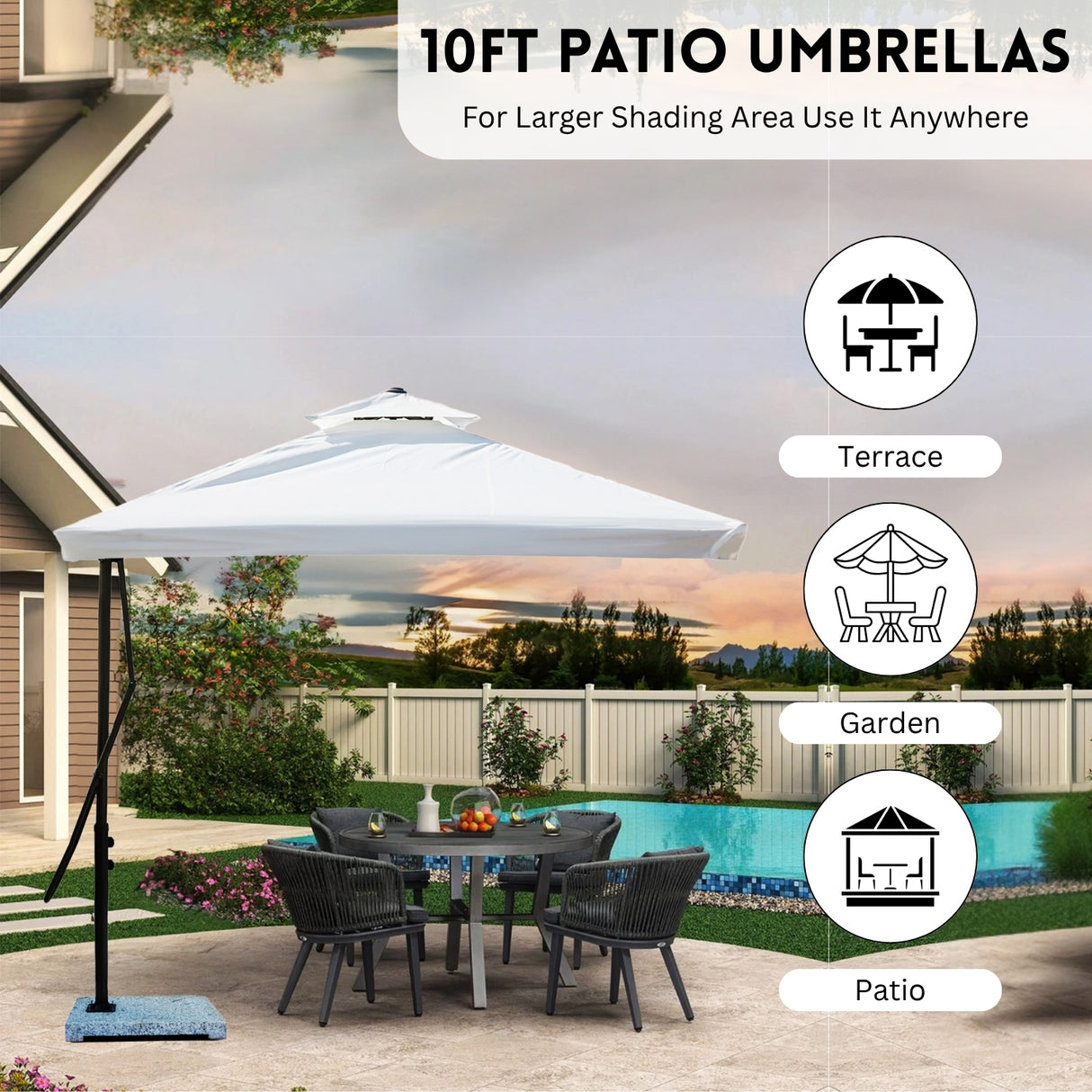 10ft Side Pole Square Shape Outdoor Umbrella With Marble Base (White)