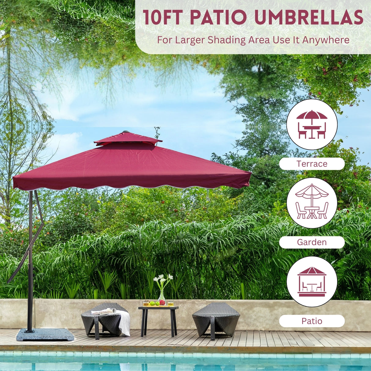 10ft Side Pole Square Shape Outdoor Umbrella With Marble Base (Red)