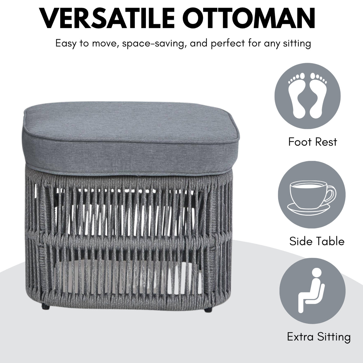 Outdoor 3 Piece Rope Patio Sofa Set (Grey)