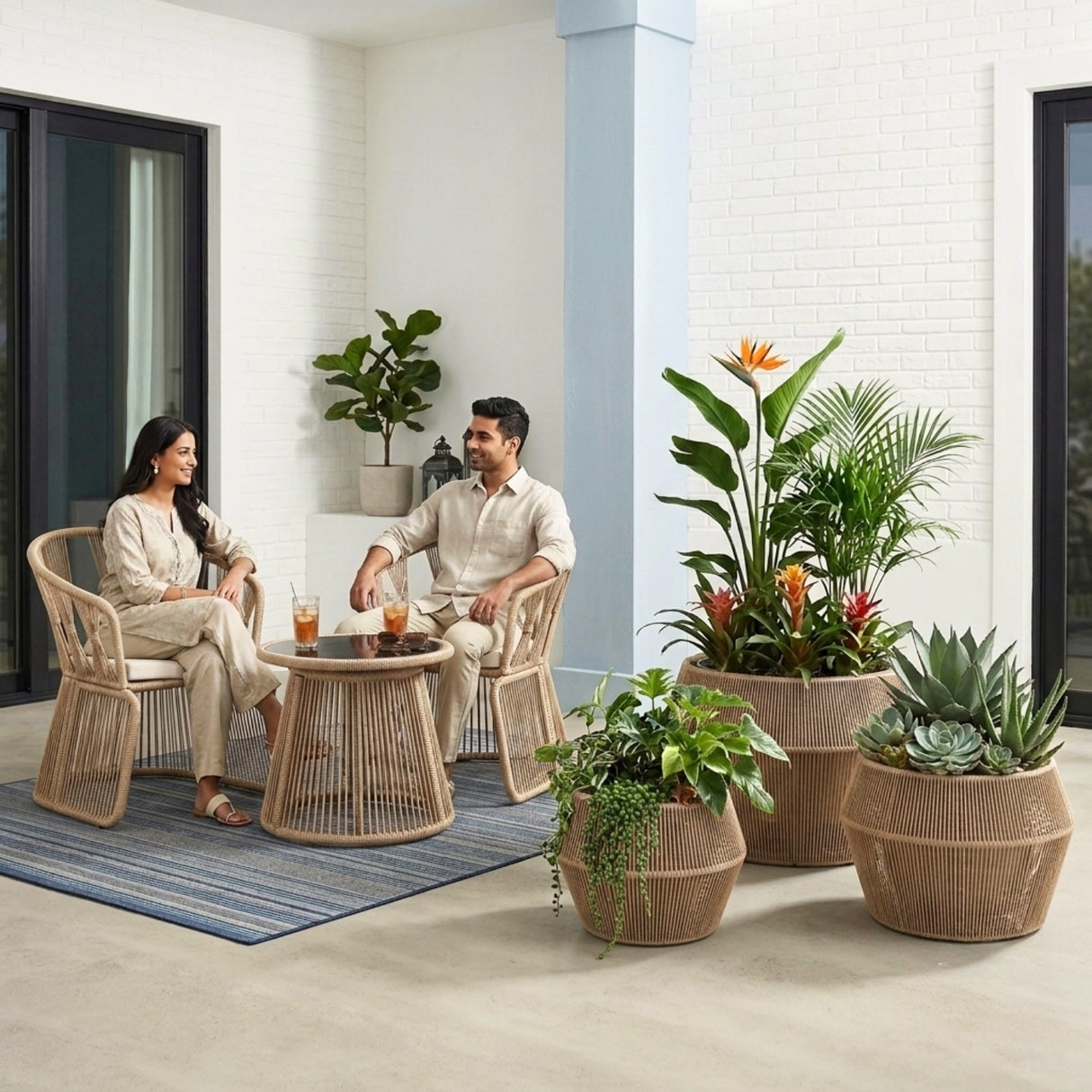 Outdoor 3-Piece Round Rope Planters (Beige)
