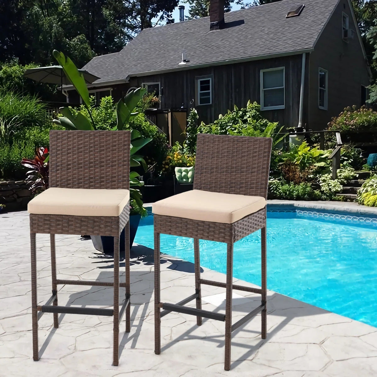 Outdoor Rattan Wicker Bar Chairs Set of 2