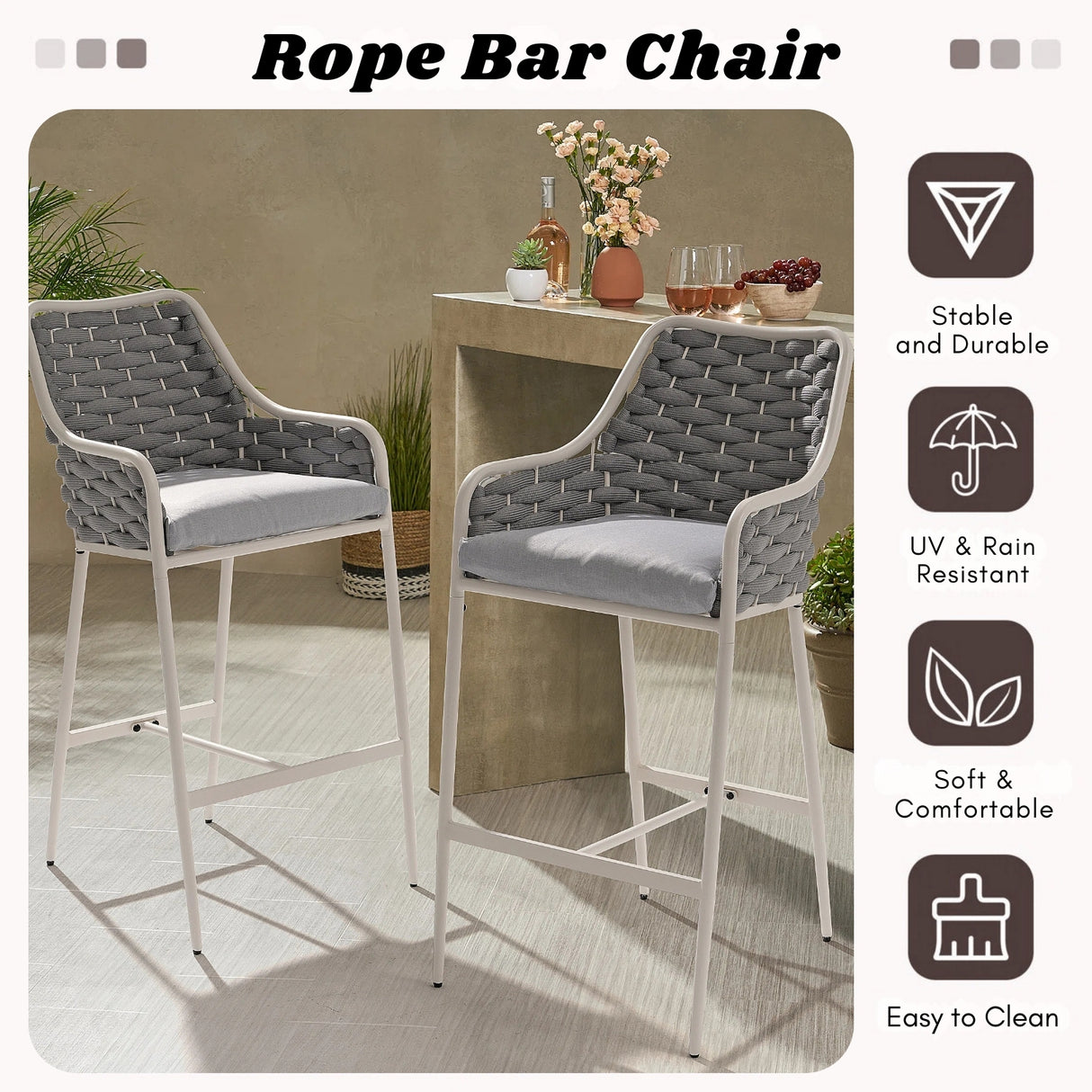 2-Piece Outdoor Rope Bar Chairs – Stylish Comfort Built to Last
