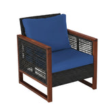 Outdoor Wicker 3-Piece Patio Furniture Set with Solid Wooden Frames (Dark Brown & Blue)
