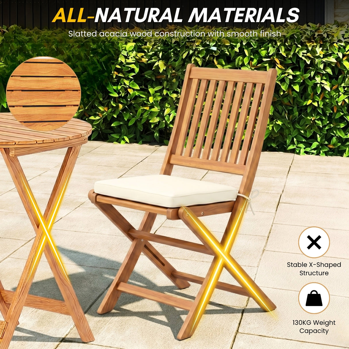 Acacia Wood Foldable Outdoor Bistro Set – 2 Chairs & Round Table