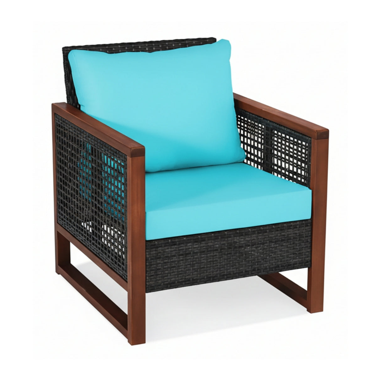 Outdoor Wicker 3-Piece Patio Furniture Set with Solid Wooden Frames (Dark Brown & Sky-Blue)