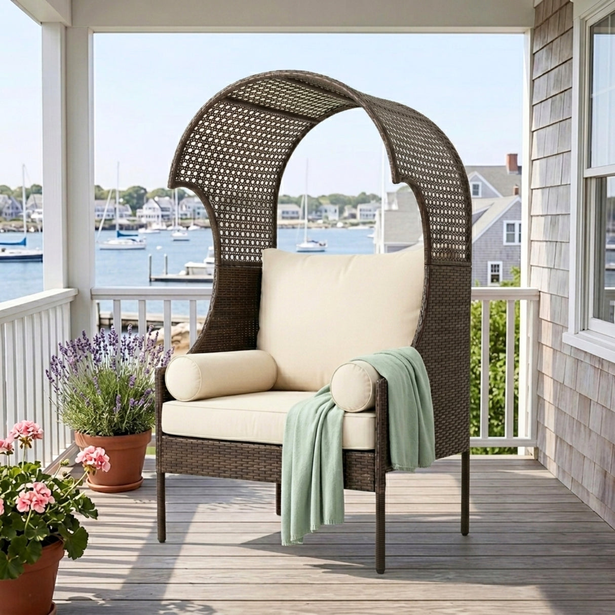 Outdoor Wicker Canopy Egg Chair with Cushions (Dark Brown & Cream)