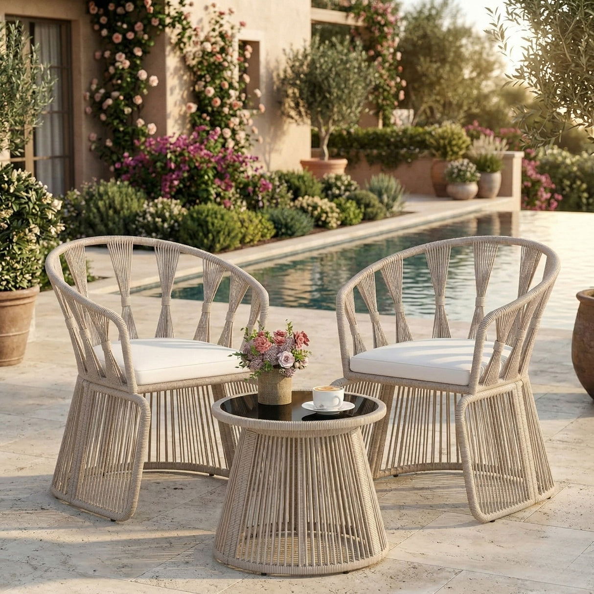 Outdoor Rope 3-Piece Patio Set (Beige & Off-White)
