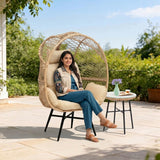 Outdoor Wicker Egg Chair with Glass Top Side Table (Beige & Cream)