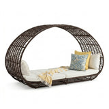 Outdoor Rattan Wicker Daybed with Oval-Shaped Canopy Frame (Dark Brown & Off-White)