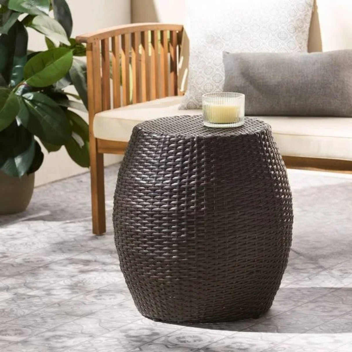 Dark Brown Rattan Damru Accent Table for Patio