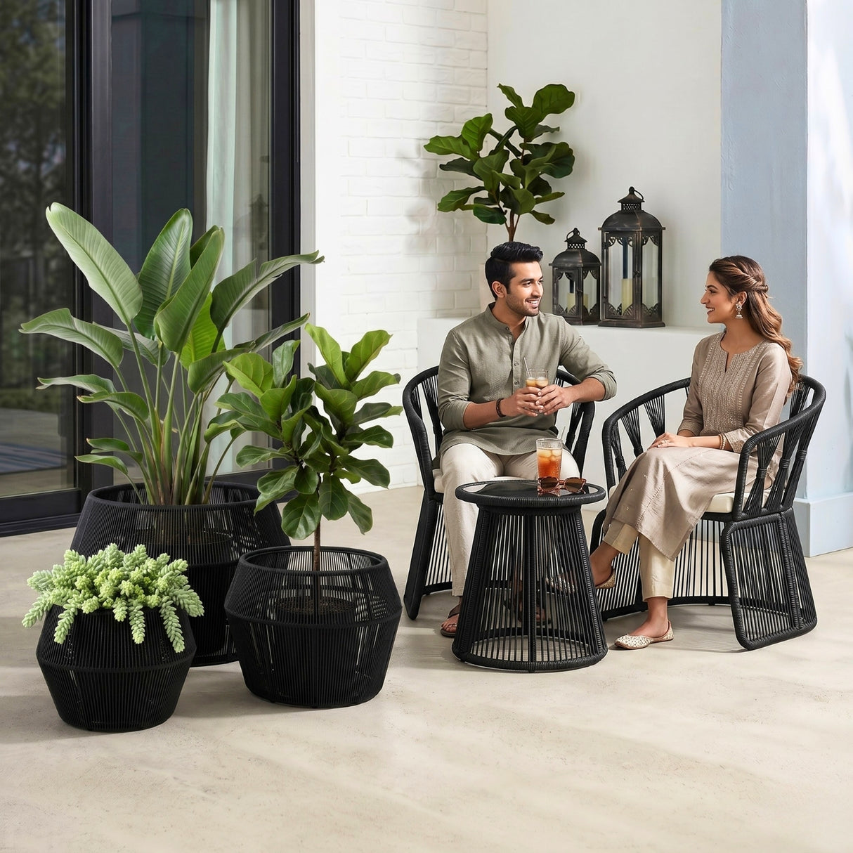 Outdoor 3-Piece Round Rope Planters (Black)