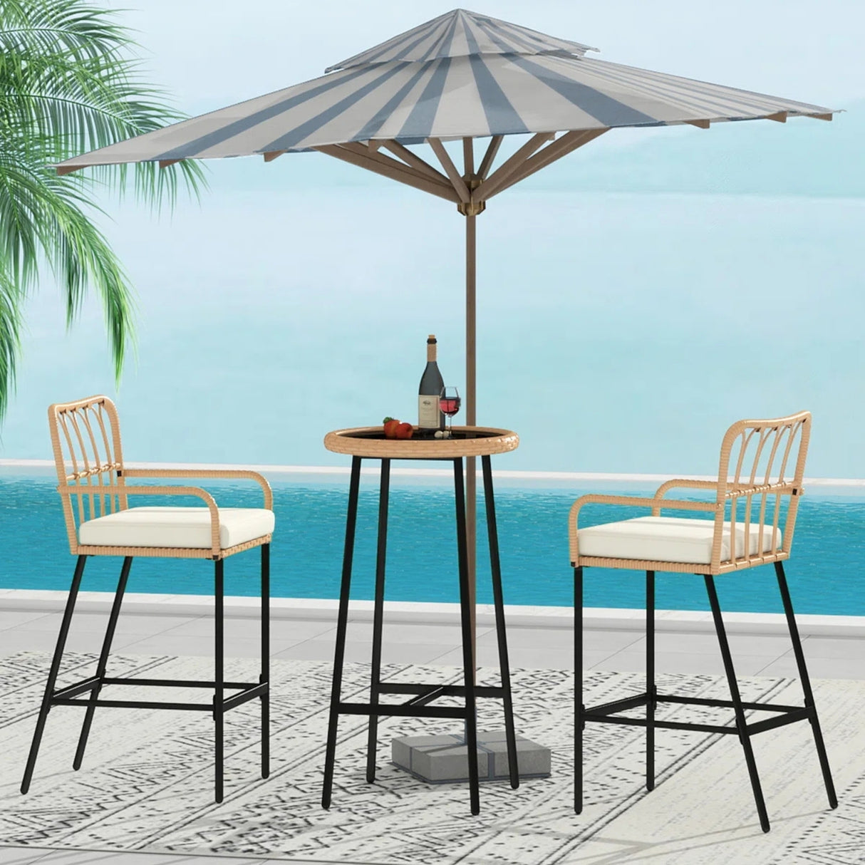 Outdoor Rattan Wicker Bar Set with Round Table