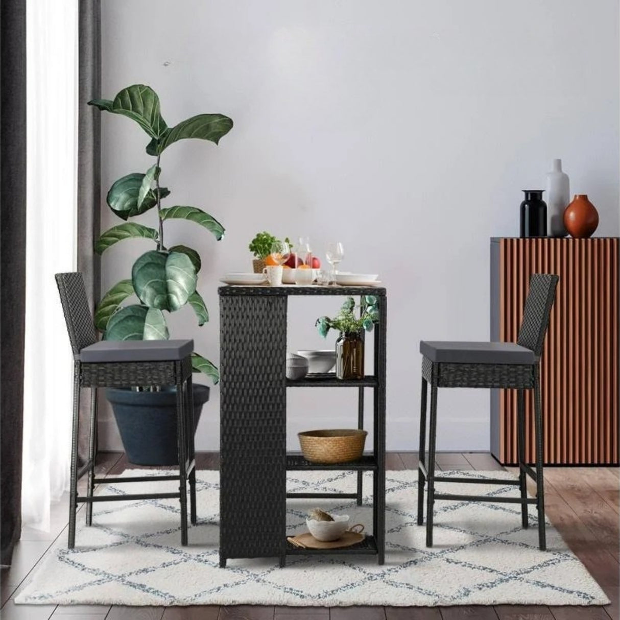 3-Piece Outdoor Rattan Wicker Bar Set with Glass Top Table