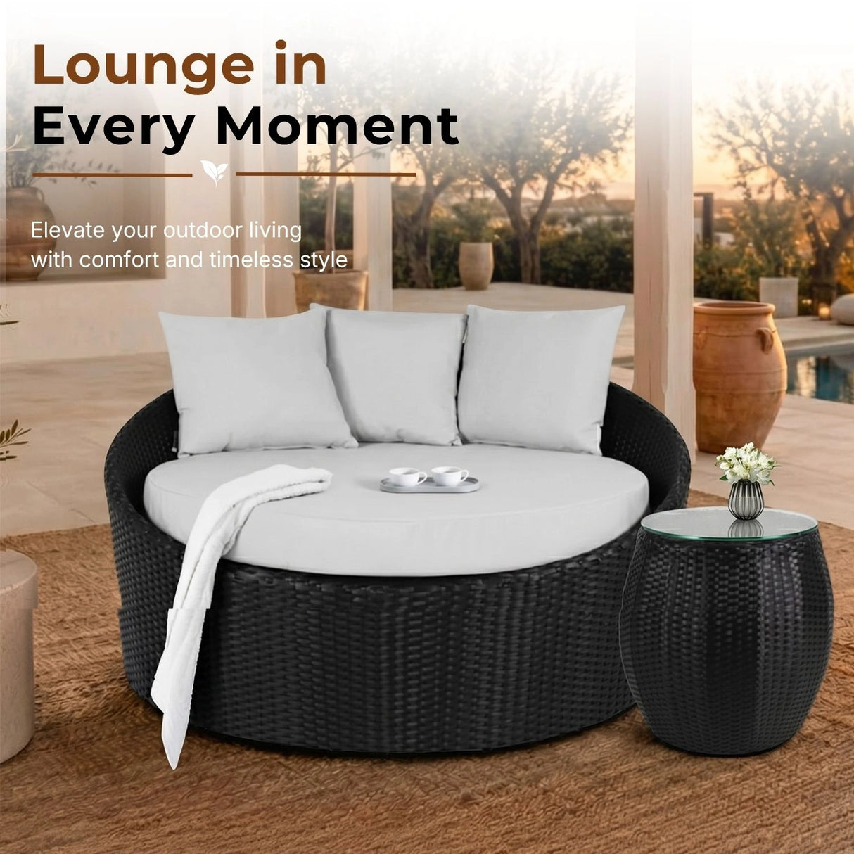 Outdoor Rattan Wicker Daybed with Glass Top Table