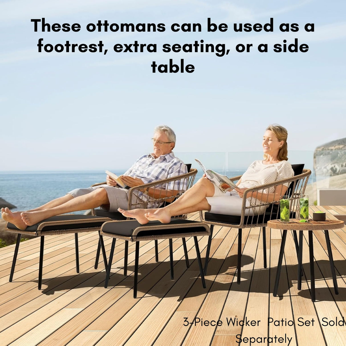 Set of 2 Wicker Ottomans, Multipurpose Outdoor Furniture