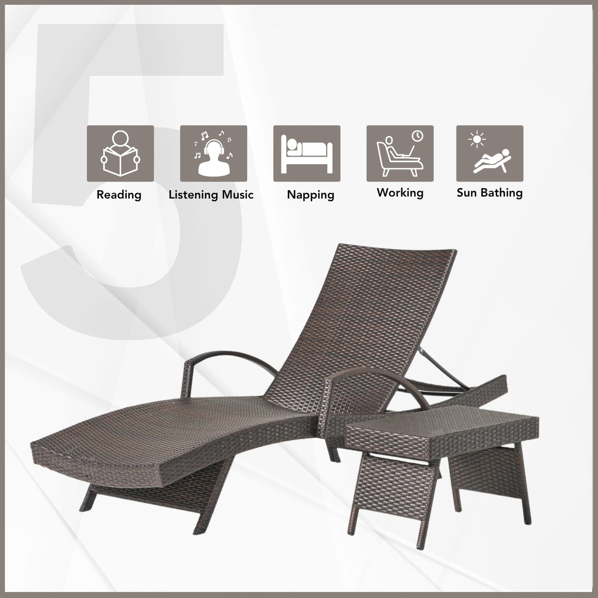 Outdoor All-Weather HDPE Wicker Rattan Sunlounger Recliner with Side Table