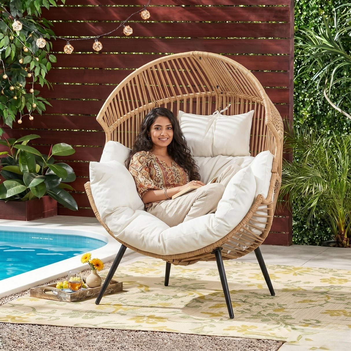 Outdoor Wicker Egg Chair with Plush Cushions (Beige & Off-White)