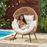 Outdoor Wicker Egg Chair with Plush Cushions (Beige & Off-White)
